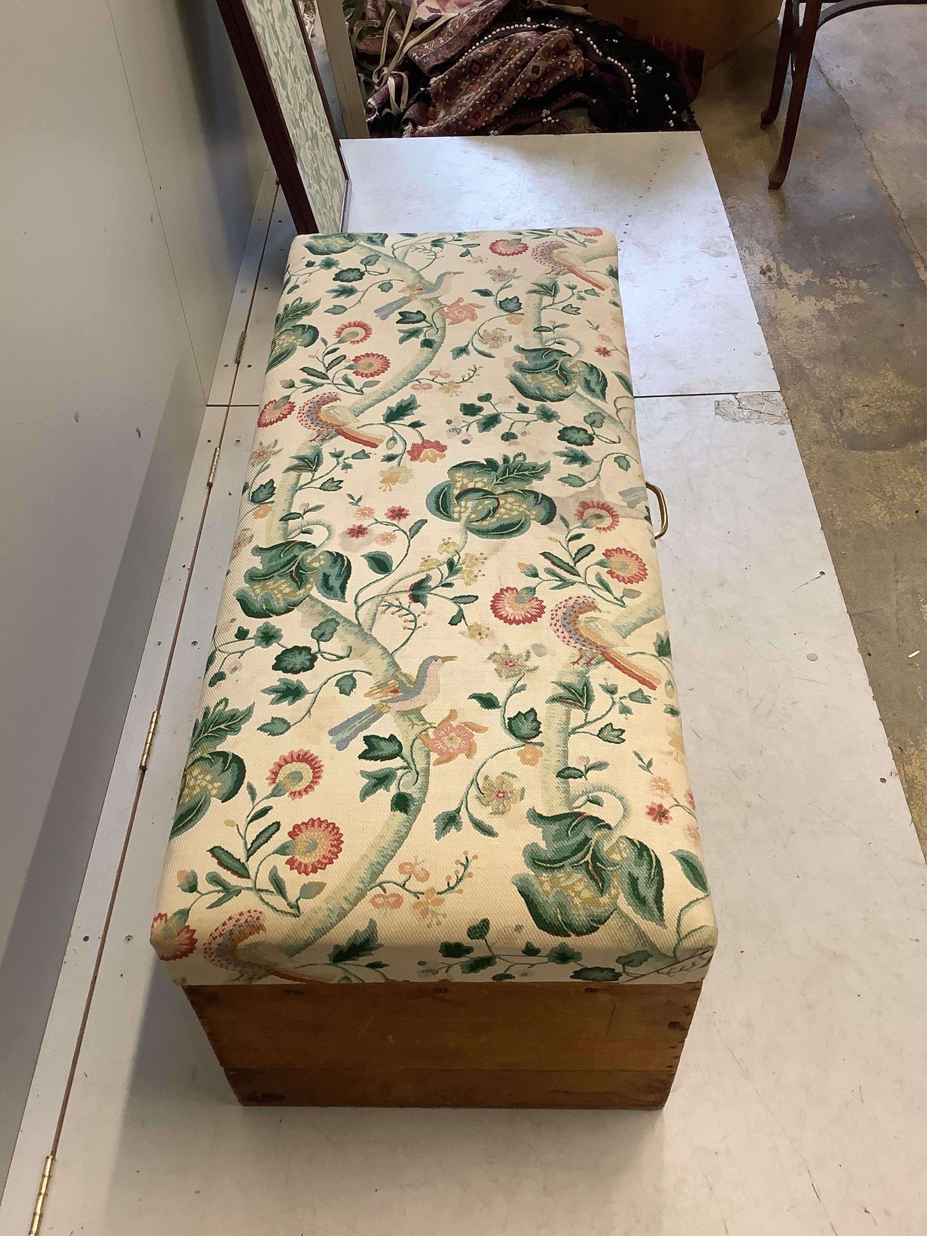 A Victorian pine ottoman with upholstered hinged box seat, width 130cm, depth 56cm, height 48cm. Condition - fair to good